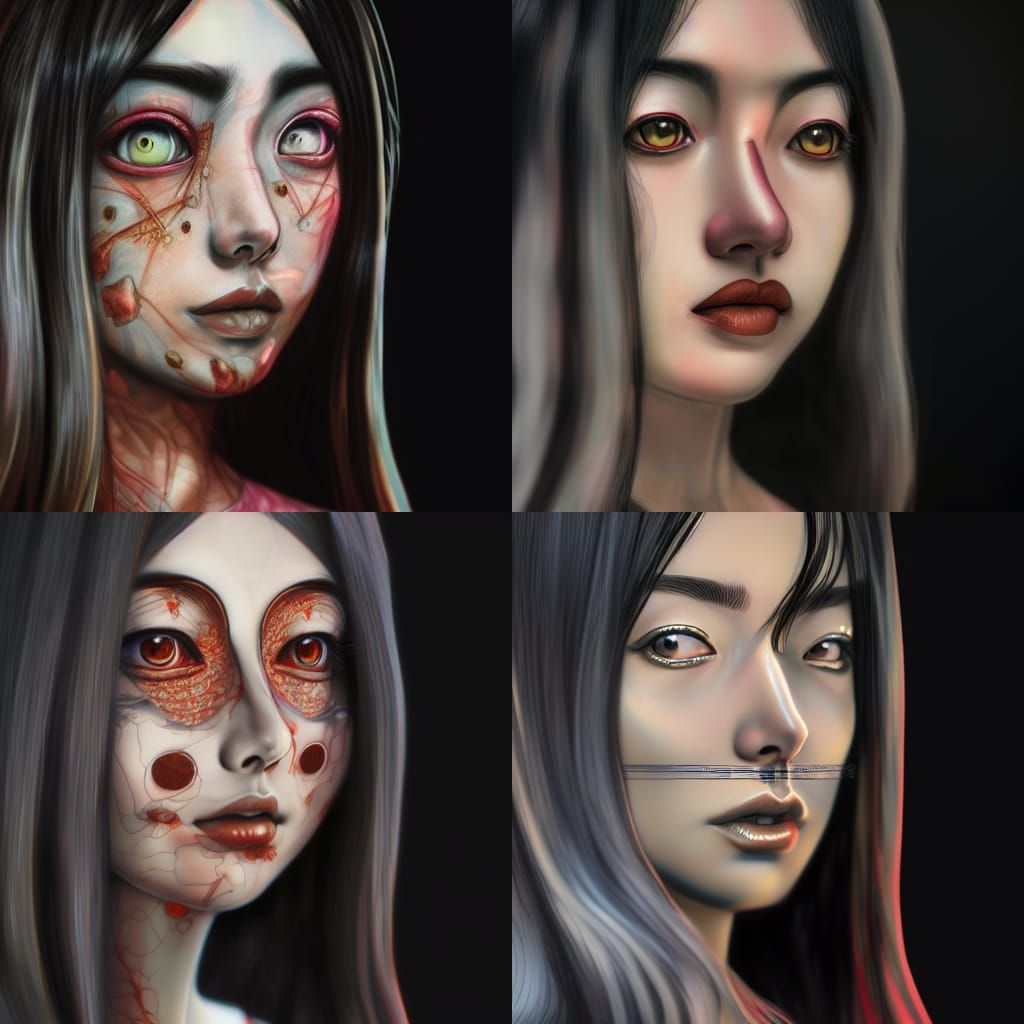 Hyperrealistic Portrait of Tomie Inspired by Junji Ito