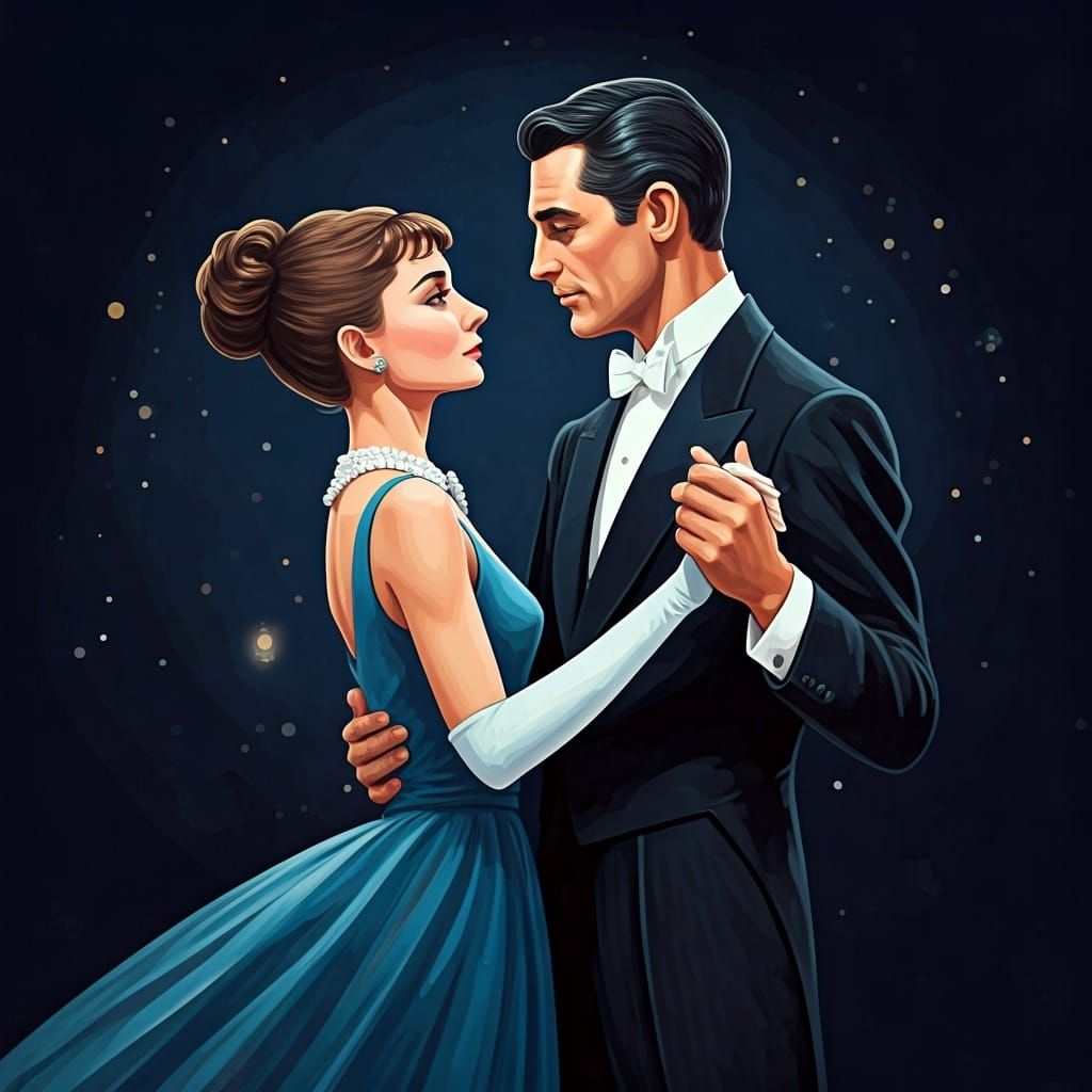 Cary Grant and Audrey Hepburn Dancing, Watercolor Illustrati...