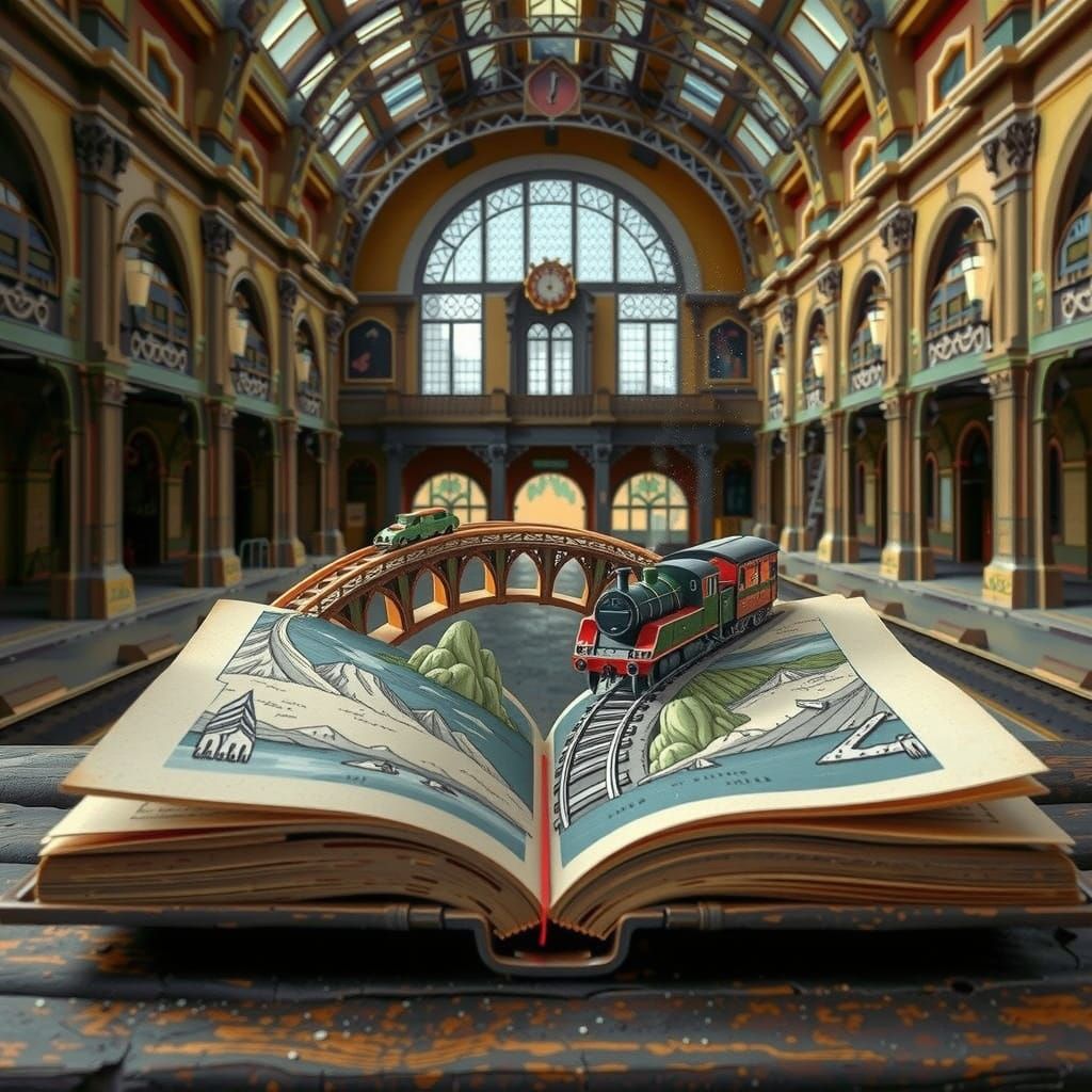 Ethereal Train Station Diorama in M.C. Escher Style