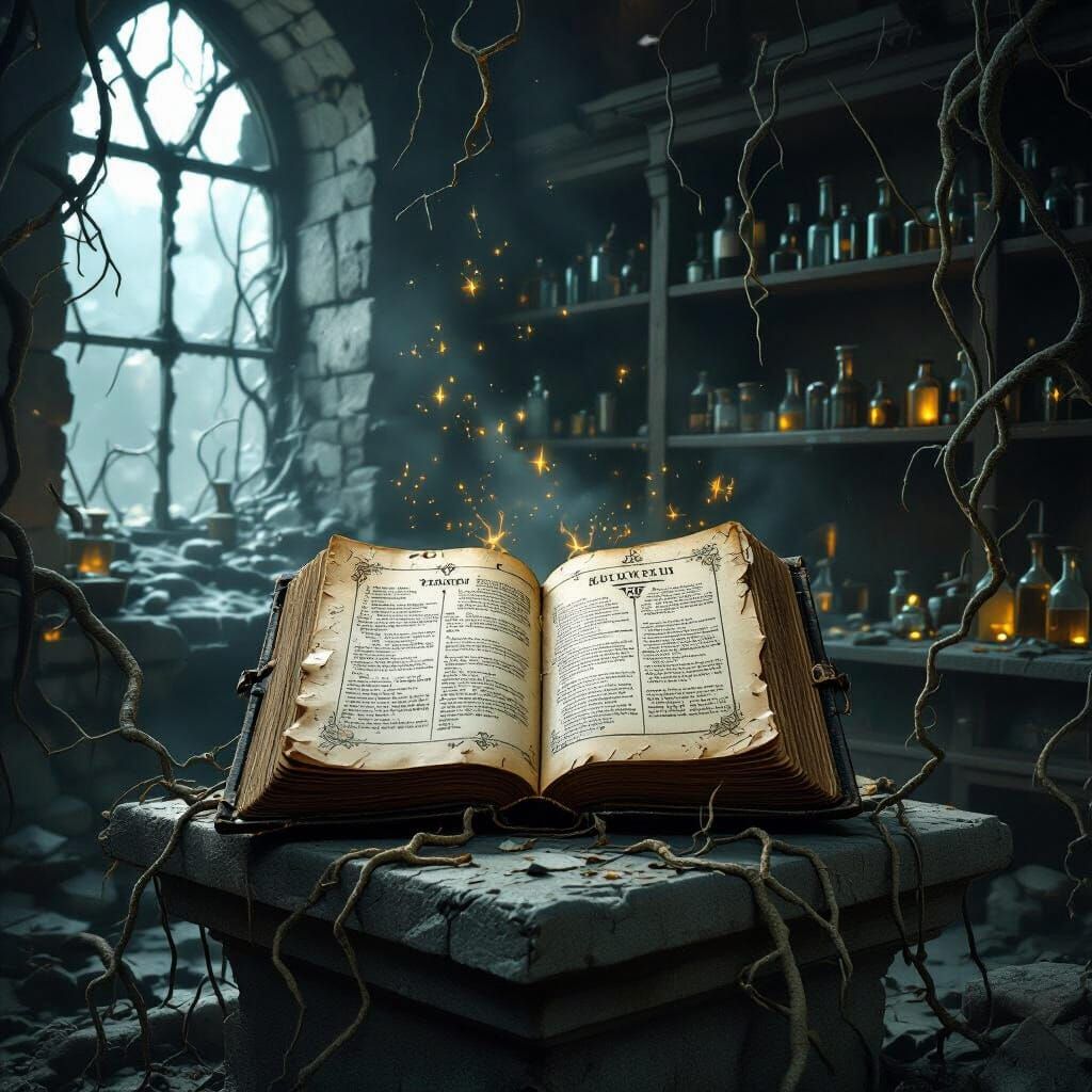 Arcane Cookbook in Ruined Laboratory: A Dark Fantasy