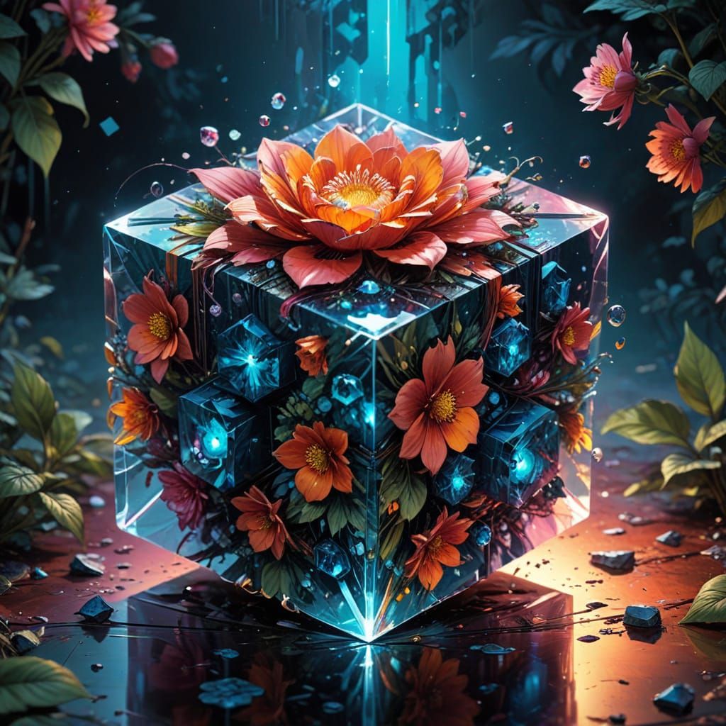 Luxurious Refracting Cube with Vibrant Floral Accents