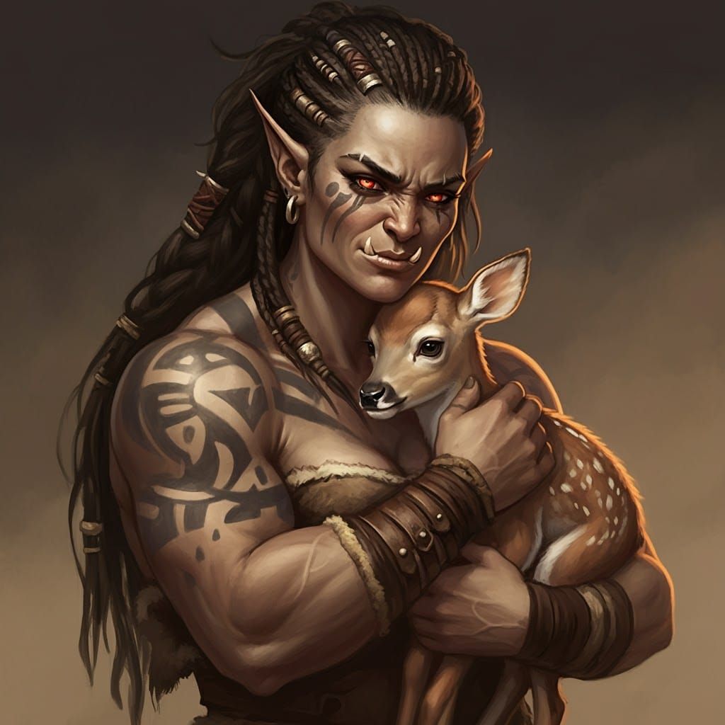 Tattooed Orc Woman Cradles Fawn in Pencil Sketch