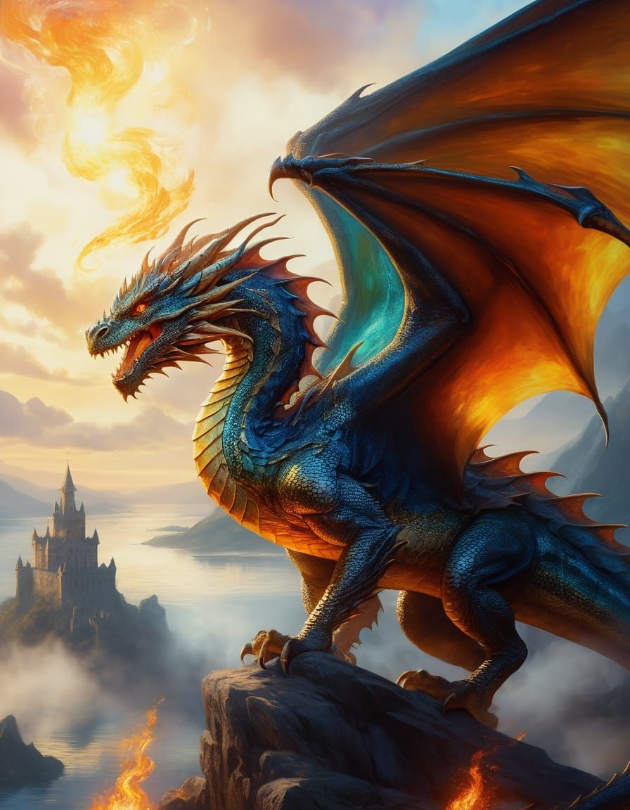 Majestic Dragon Portrait in Vibrant Oil Painting