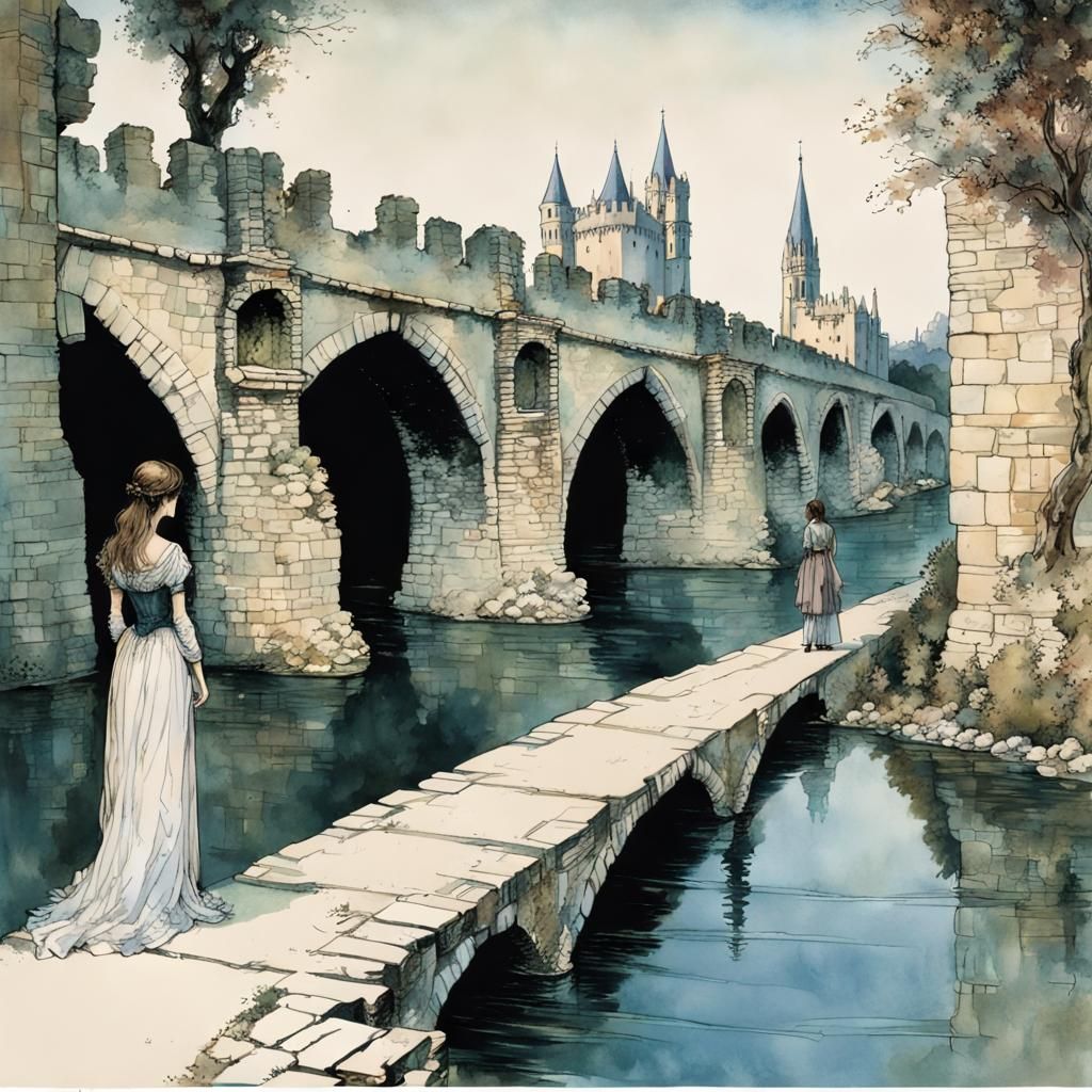 Woman Observes Man on Ruined Bridge, Rackham Style