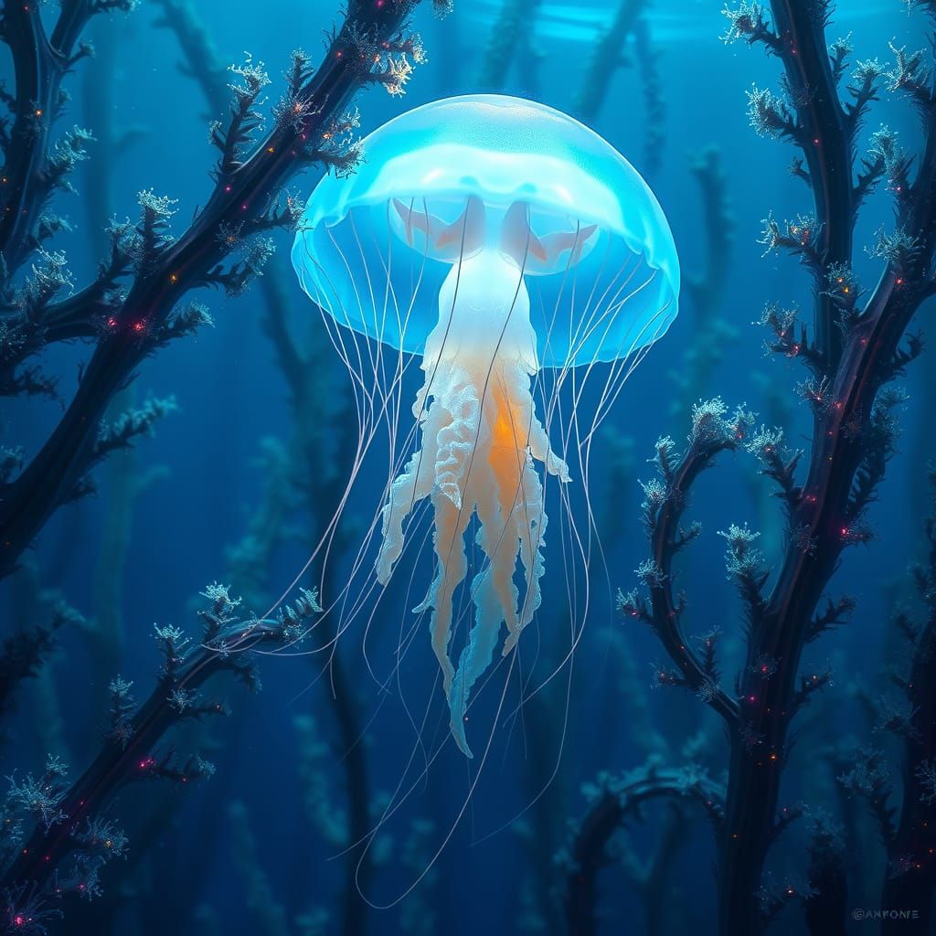 Bioluminescent Jellyfish in Alien Kelp Forest