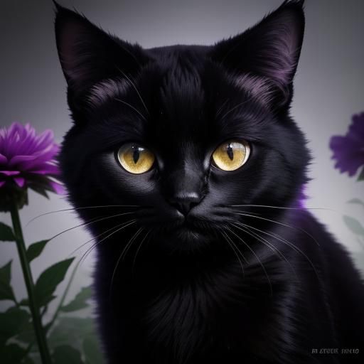 Big-Eyed Black Cat with Dahlias in Hyperrealistic Style