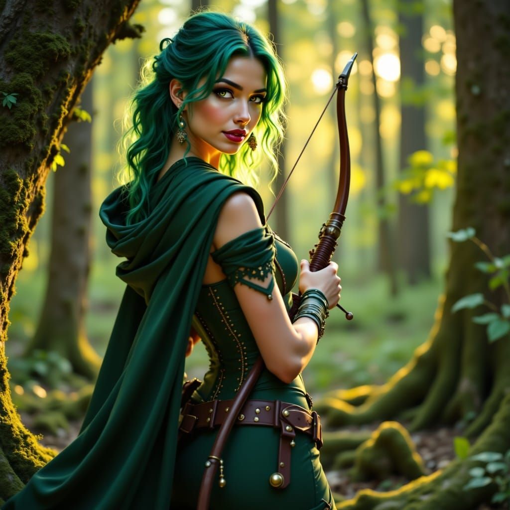Medieval Maiden Archer in Lush Forest