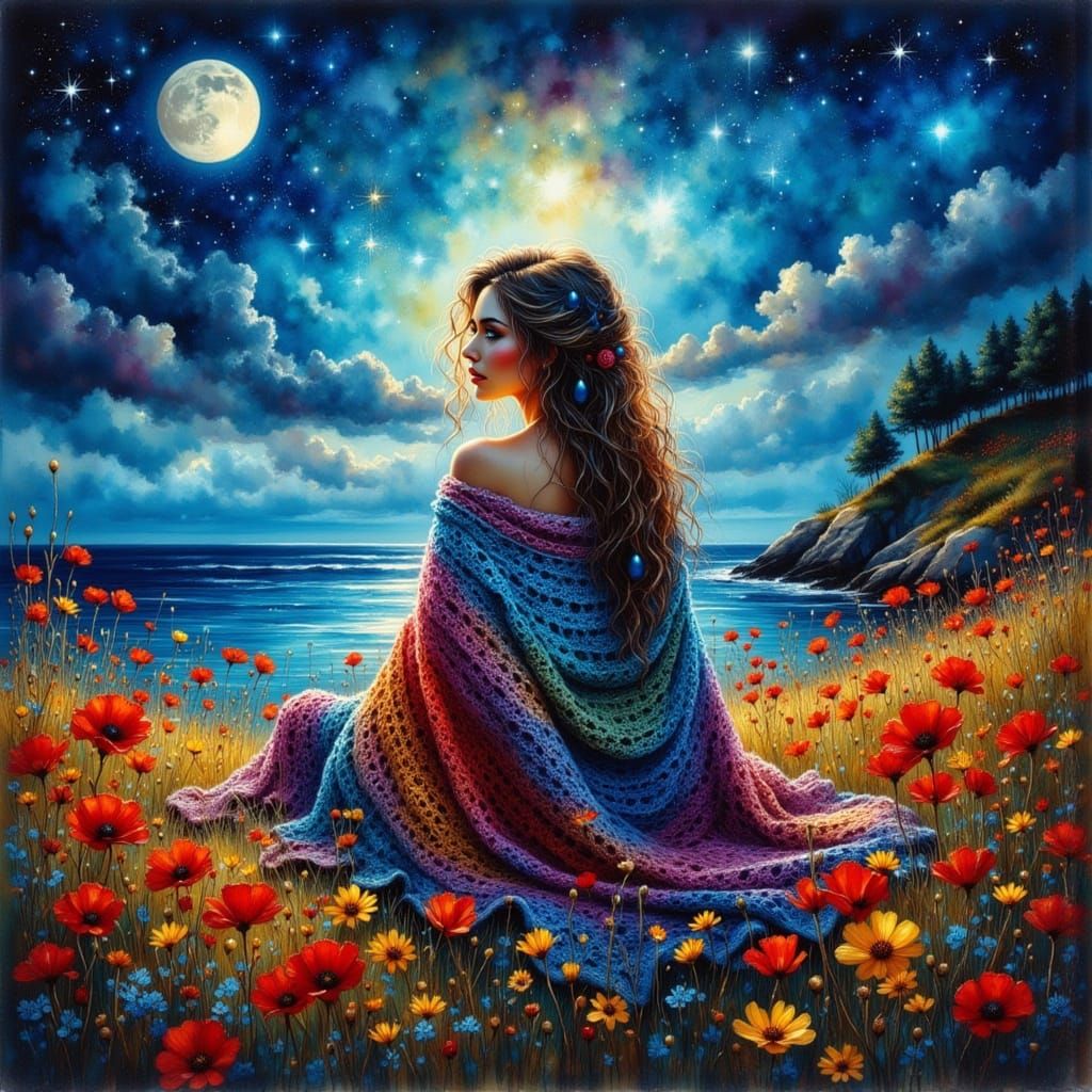 Enchanting Woman in Poppy Field Under Starry Sky