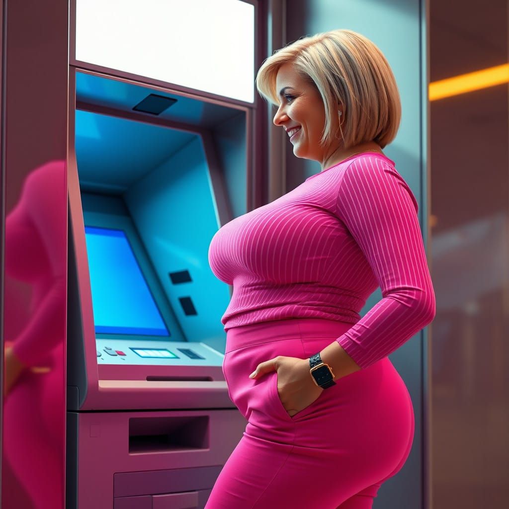 Robust Woman in Profile, Softly Lit by ATM Screen