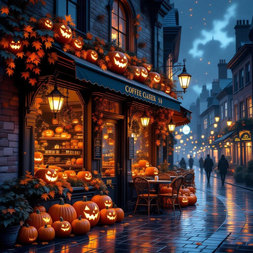 Cozy Night Cafe With Pumpkins in Fall Dreary Weather