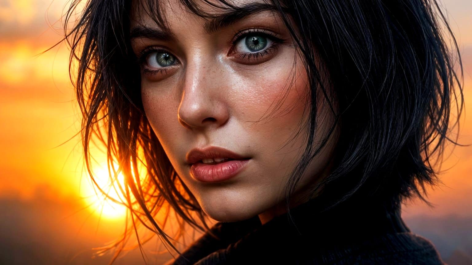 Beautiful Woman Portrait with Sunset Background