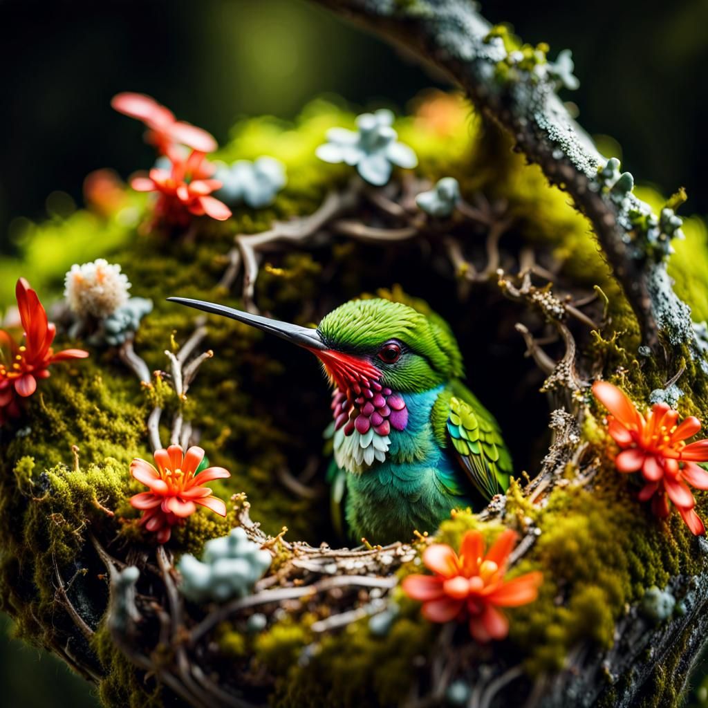 a high resolution professional macro photograph of a teacup sized moss and lichen covered hummingbird nest with two very...