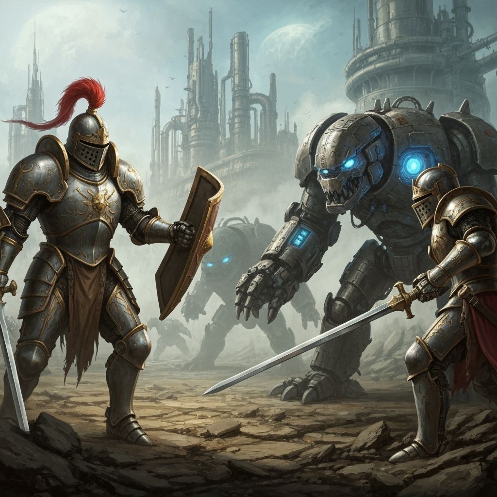 Knights Battle Robots on War-Torn Field