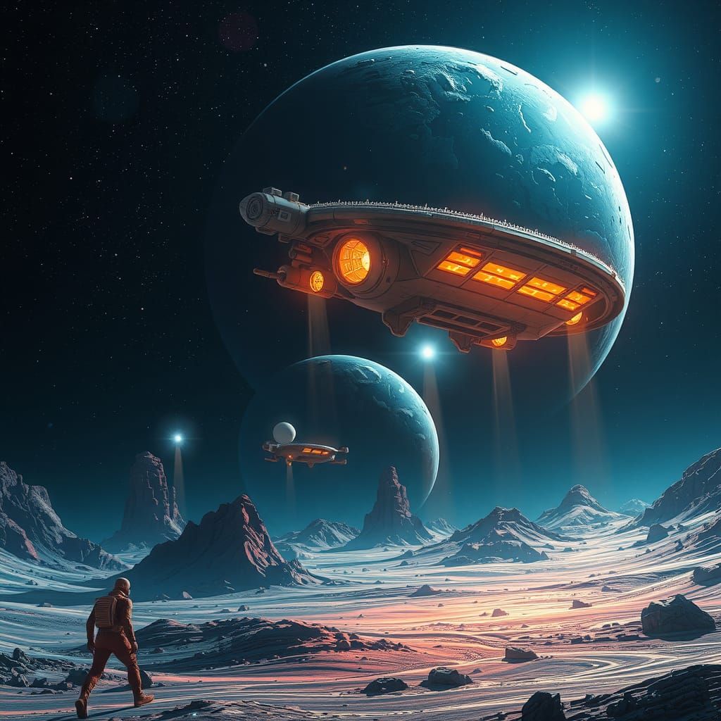 Spaceship Landing: Holographic Astral Illustration