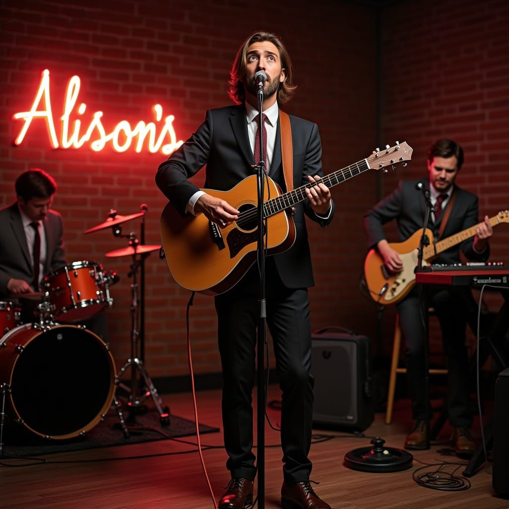 Man Playing Guitar on Stage with Band