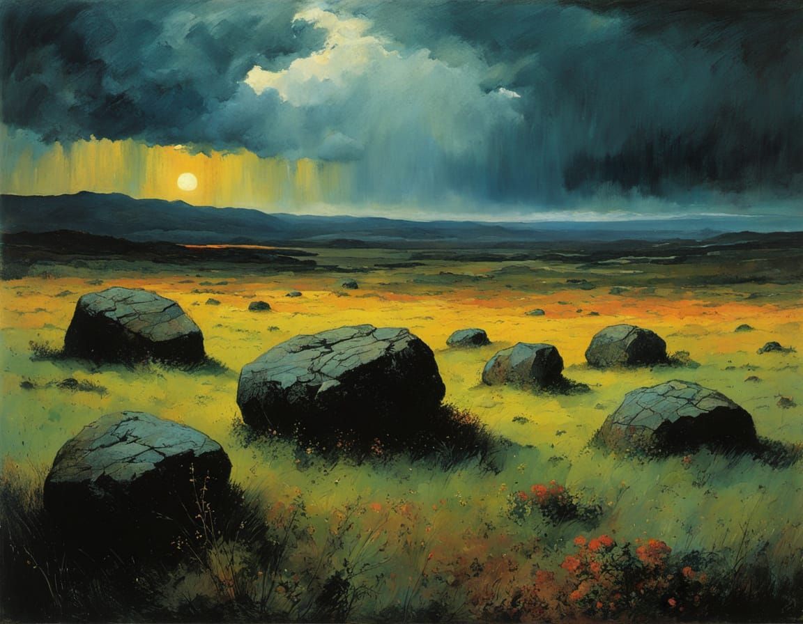 Heath Landscape in Evening Light with Gathering Storm Clouds