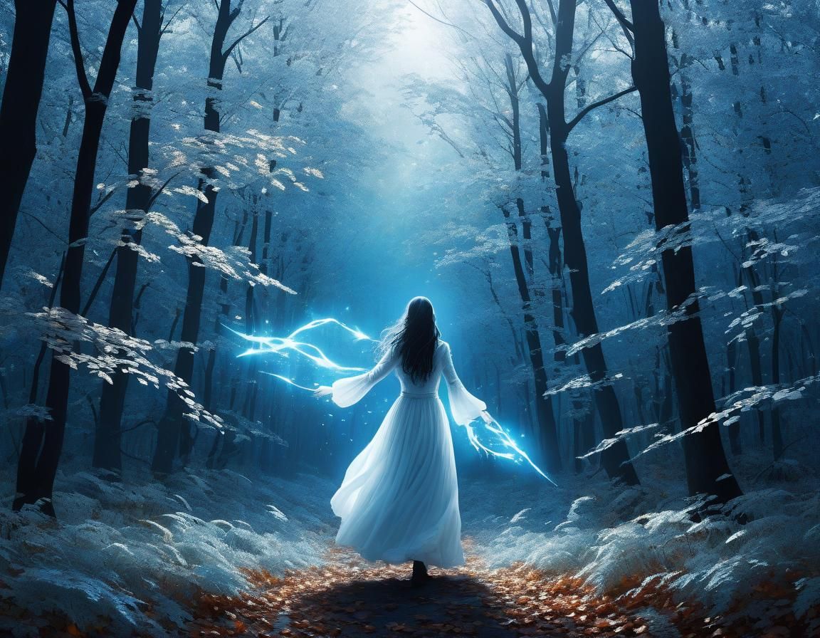 Ethereal Minimalist Art: Shining Woman in Autumn Wilderness