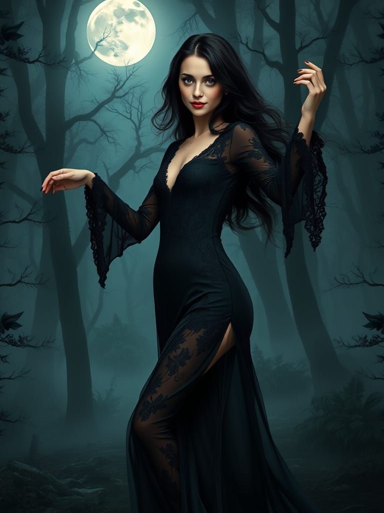 Enchanting Dark Forest Goddess in Art Nouveau Style