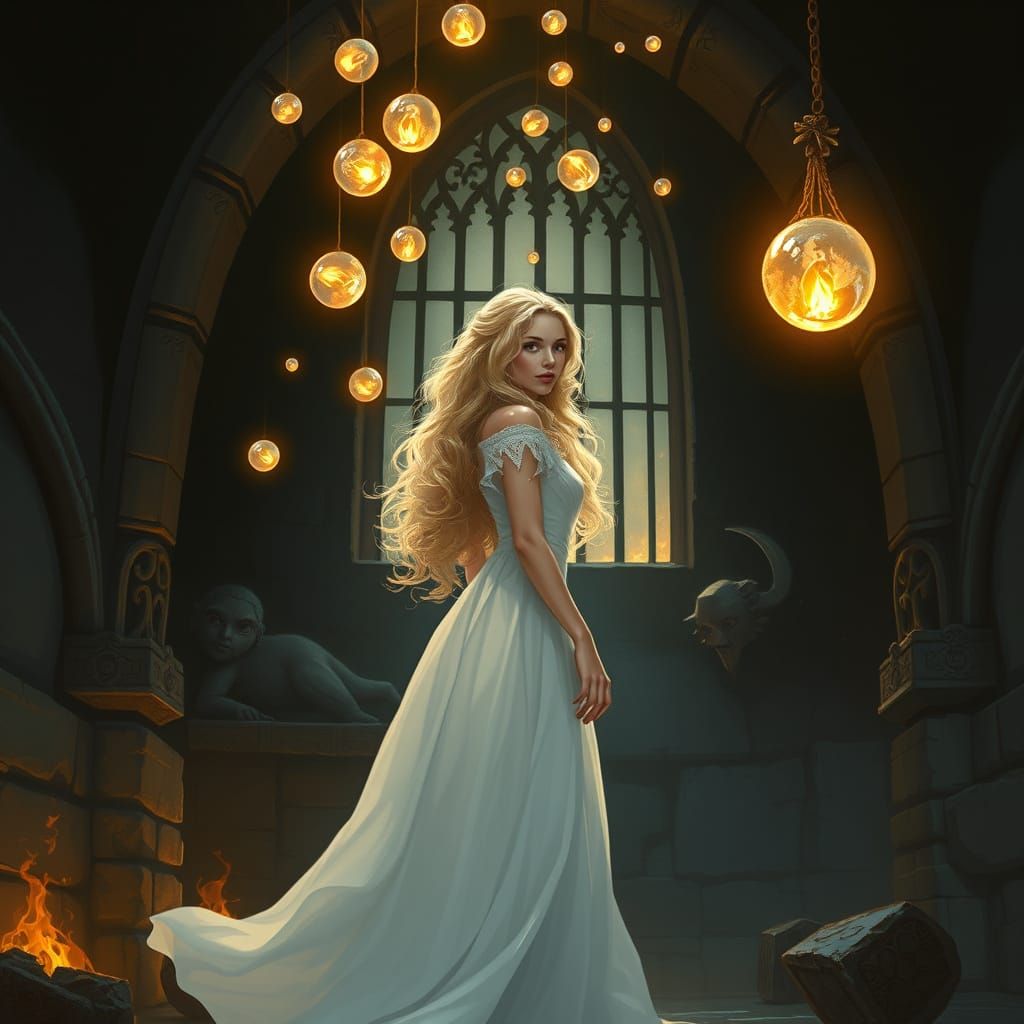 Medieval Maiden Illuminated by Ethereal Orbs in Dark Castle ...