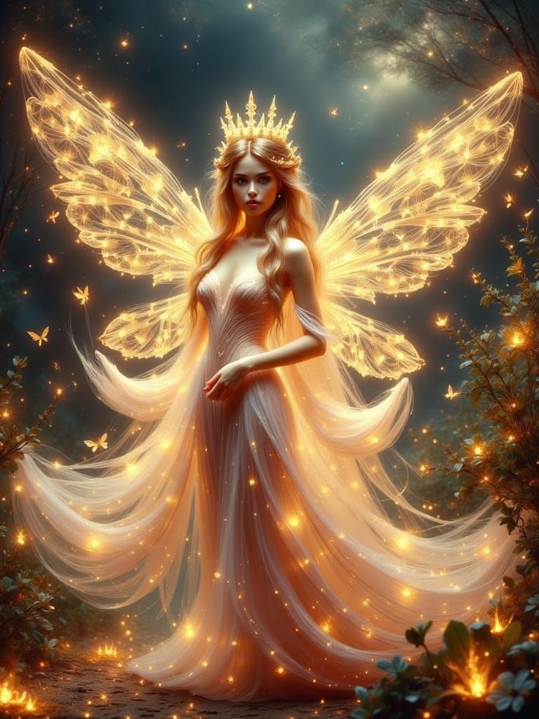 <lora:Fairy Lights:1.0> <lora:BeautyStrokesV2:1.0>
A beautiful and fragile fairy queen with intricate, crystalline wings...