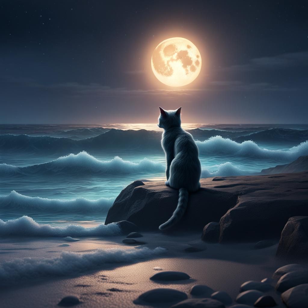 Moonlit Cat on Ocean Shore: Fantasy Art