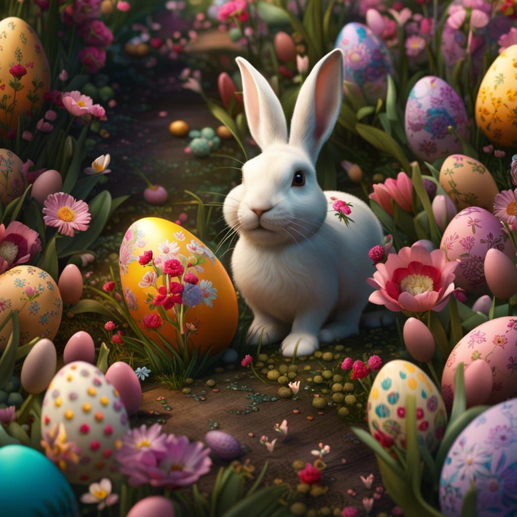 Whimsical Easter eggs hiding in the flowers, while bunnies t...
