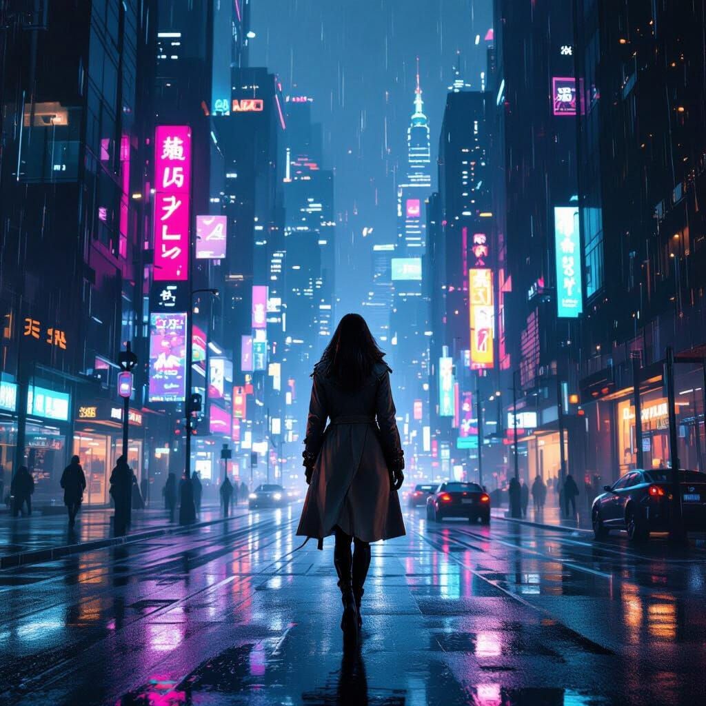 Cyberpunk Cityscape at Night with Neon Lights