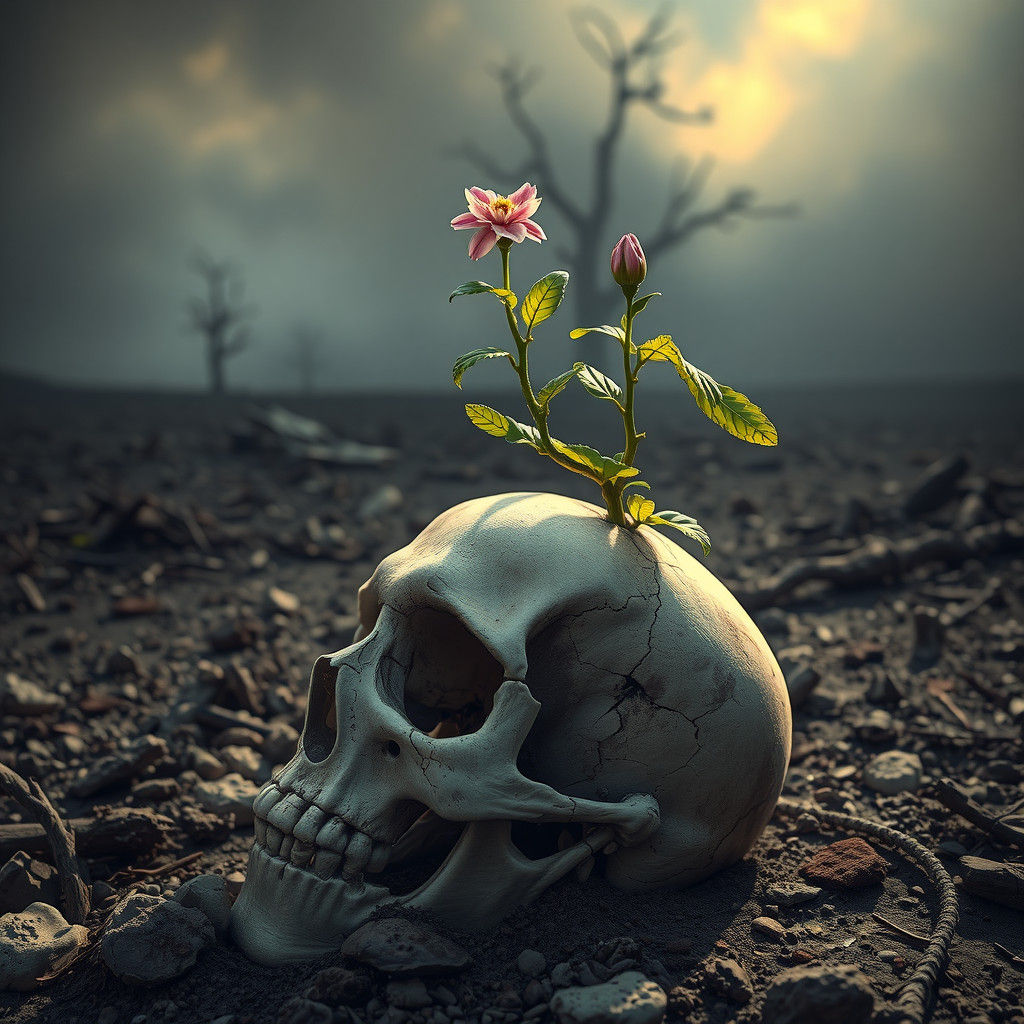 Resilient Plant Sprouts From Skull on Barren Battlefield