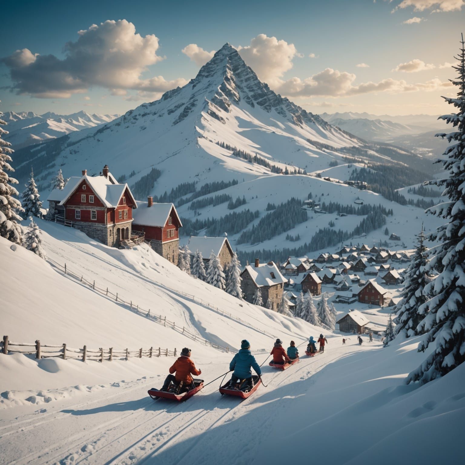 Children Sledding: A Vintage Matte Painting Postcard
