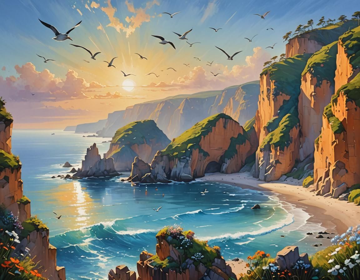 Whimsical Coastal Scene with Soaring Seabirds