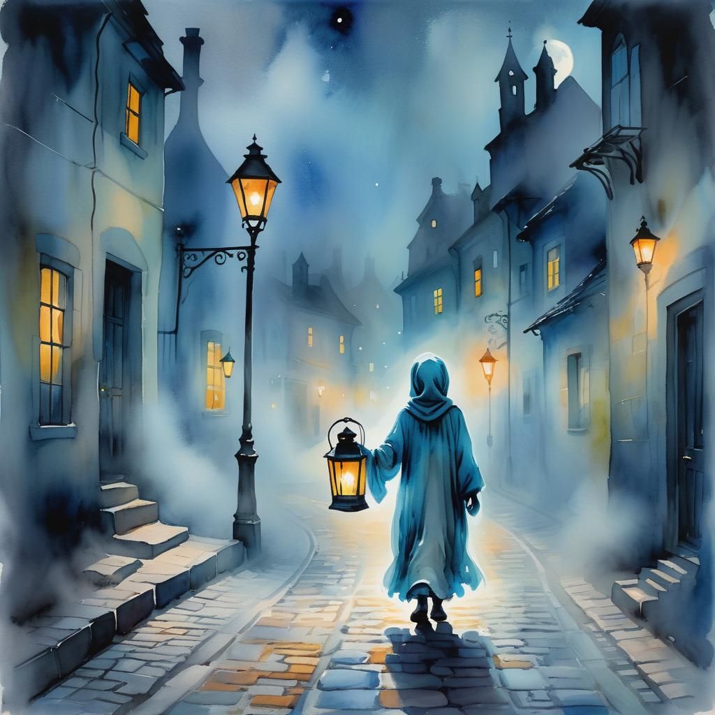 Child Ghost with Lantern in Ethereal Watercolor