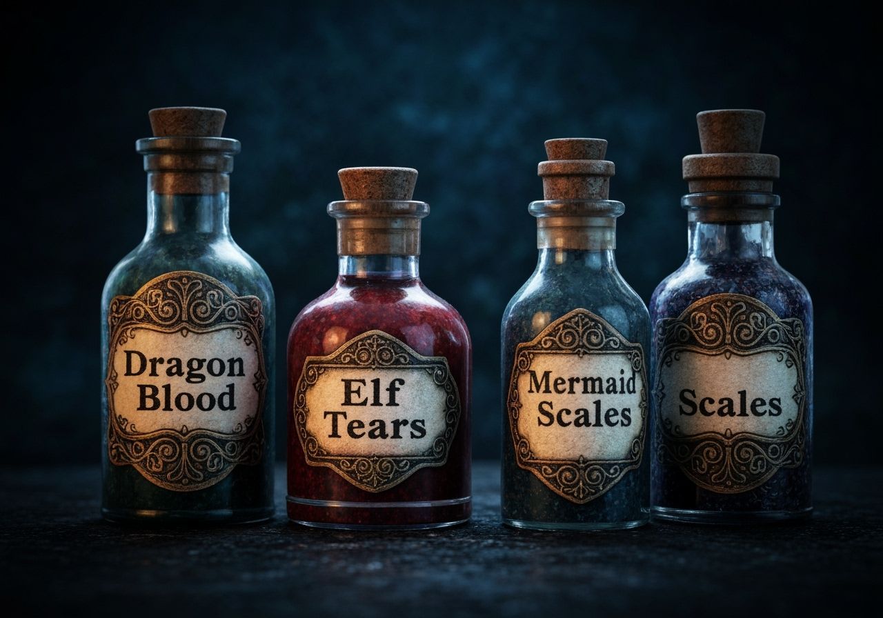 Ornate Antique Potion Bottles with Mystical Labels