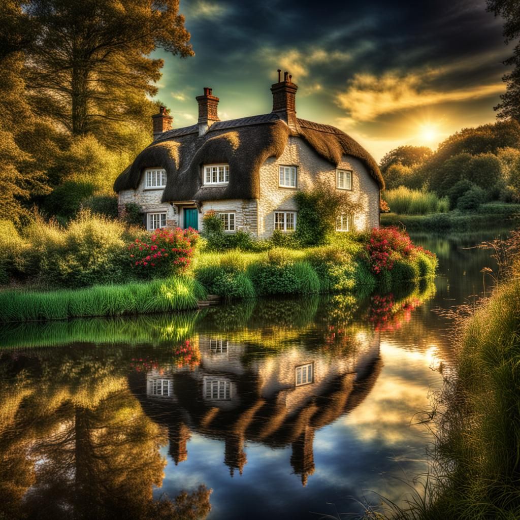 Picturesque English Cottage with Lake Reflections