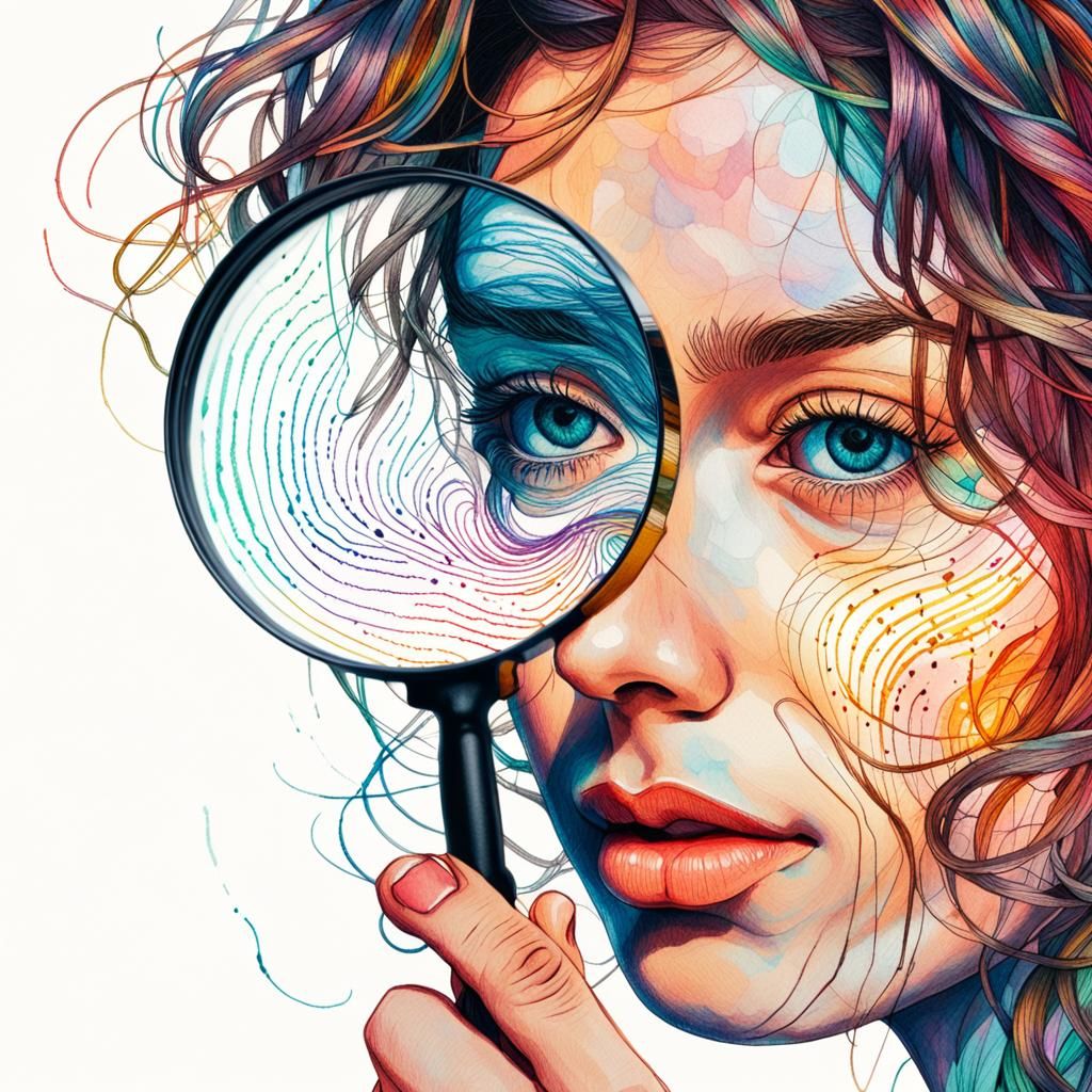 Woman Studies Fingerprint in Hyper-Detailed Drawing