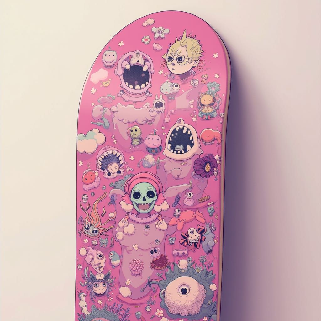Powder Pink Skateboard with Surreal Anime Illustrations