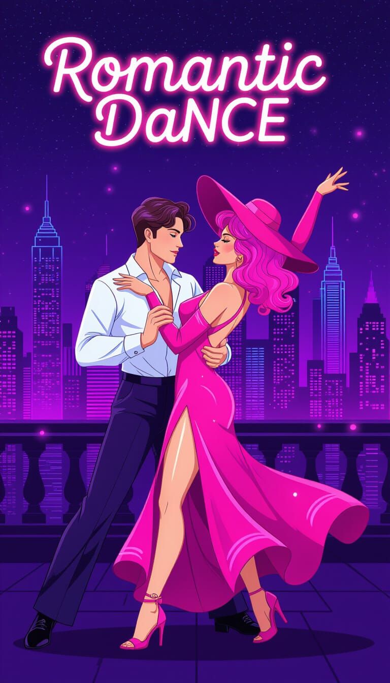 Neon Digital Art of Romantic Dance in Futuristic City