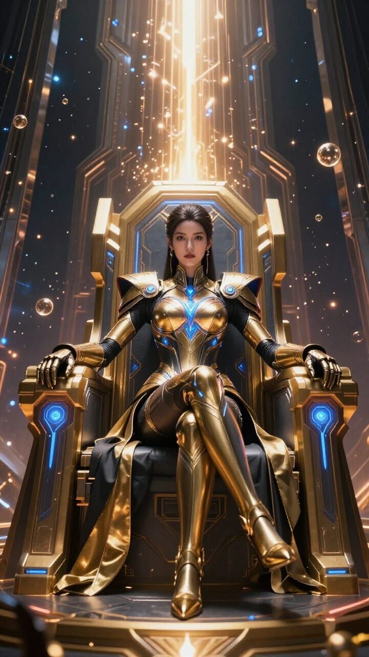 Sci-Fi Queen on Futuristic Throne in High-Tech Chamber