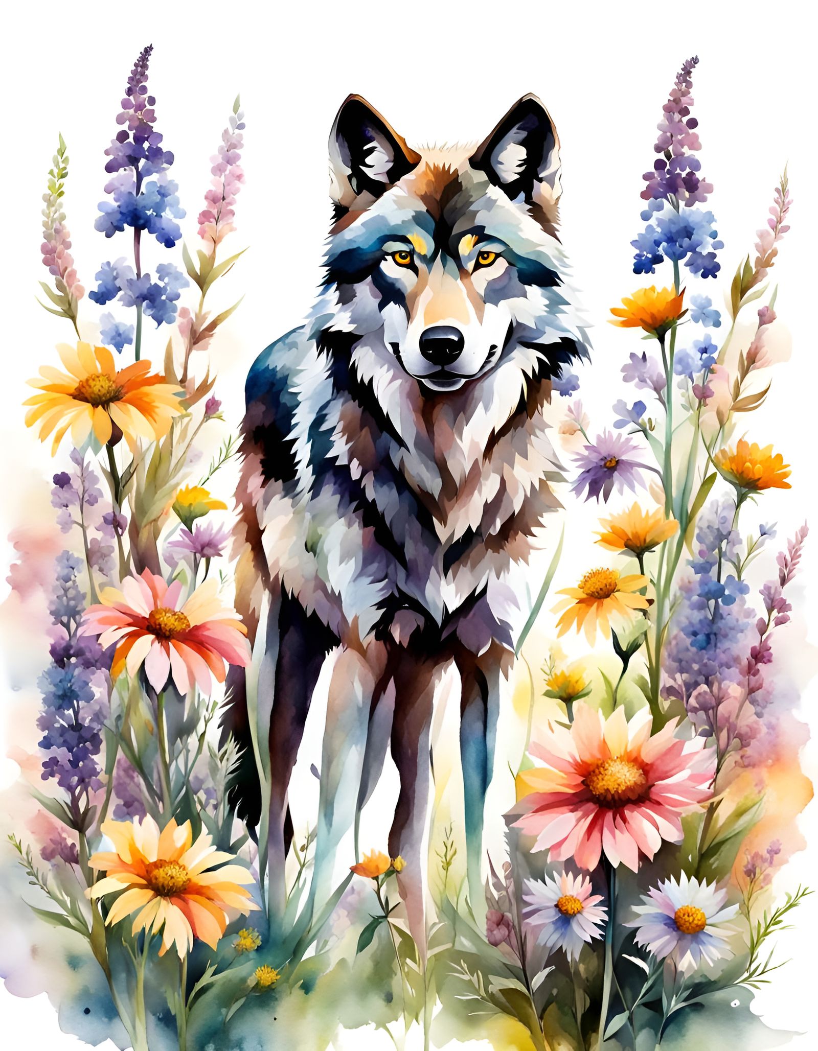 Detailed Wolf Portrait in Wildflowers, Watercolor Style