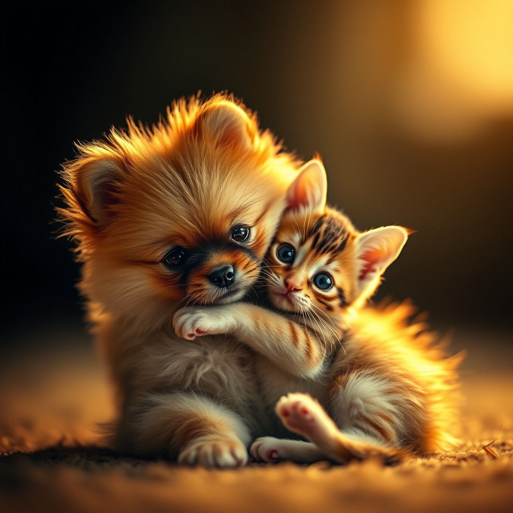 Playful Puppy and Kitten in Golden Light