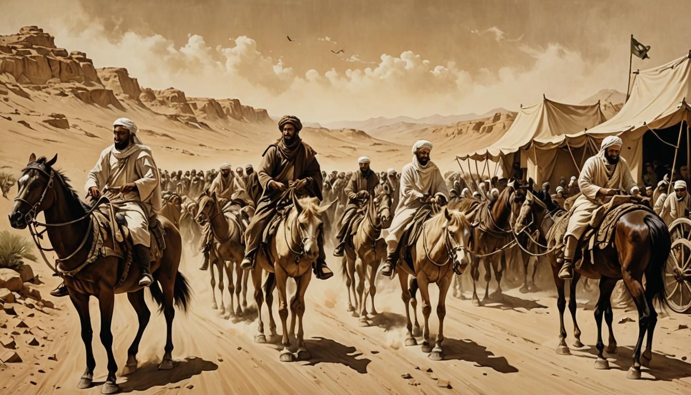 Abu Sufyan Reroutes Caravan in Retro Sepia Illustration