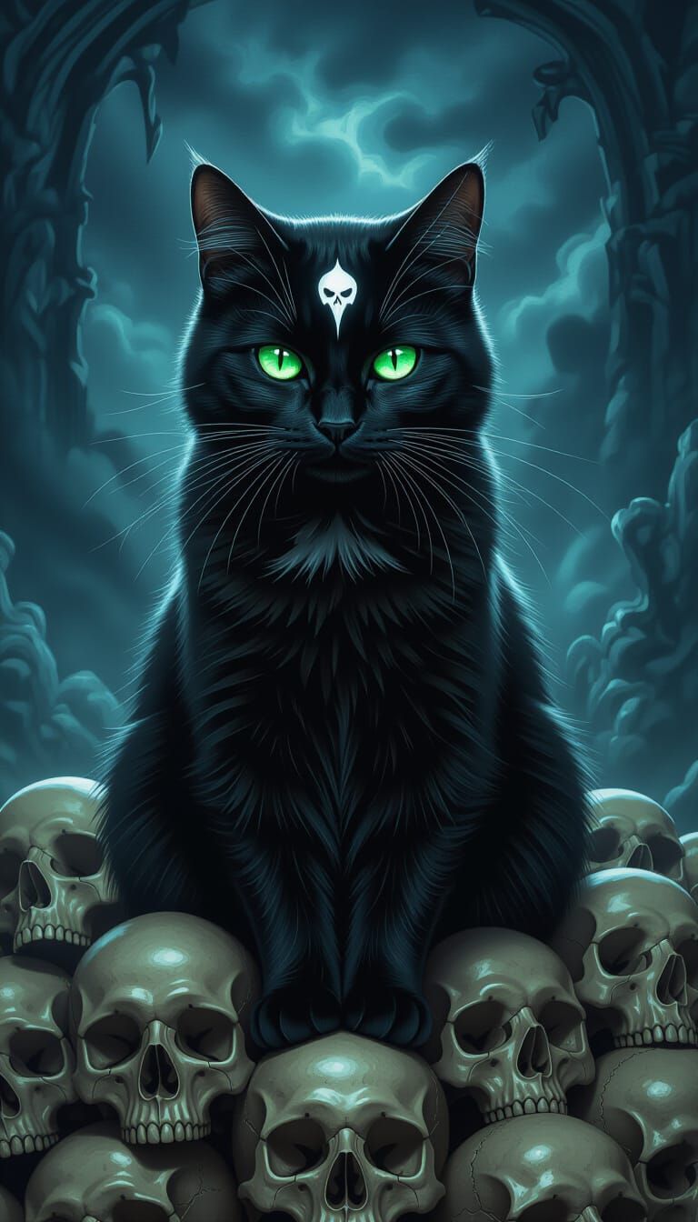 Intricate Dark Fantasy Cat on Skulls