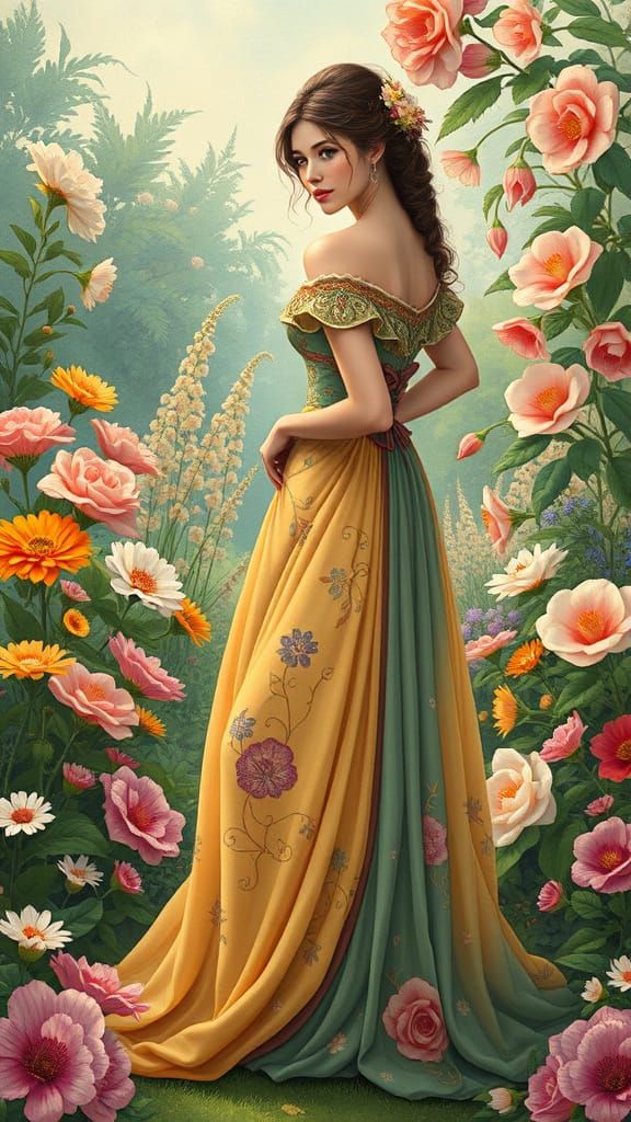 Elegant Woman in Lush Garden, Art Nouveau Style