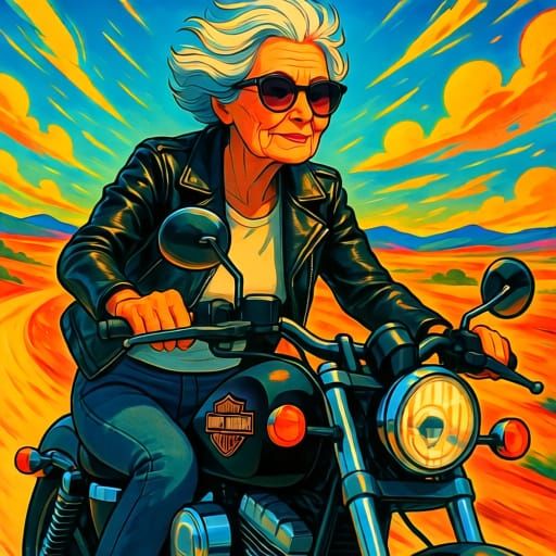 Grandmother Rides Harley in Pop Surrealist Style