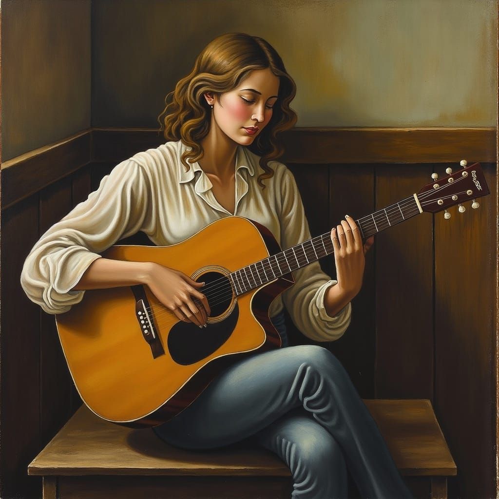 Melancholic Woman Plays Guitar in Golden Light