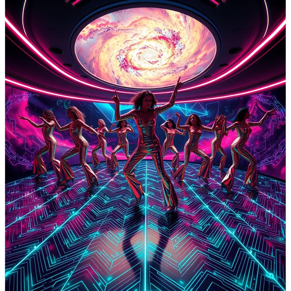 Disco Dancers in Zero-Gravity, Set Against a Glowing Nebula