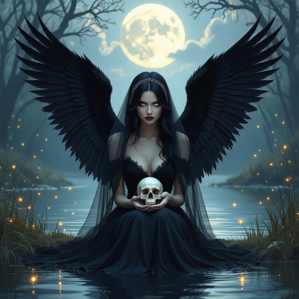 Dark Fantasy Angel Woman Holding Skull by Moonlit Lake
