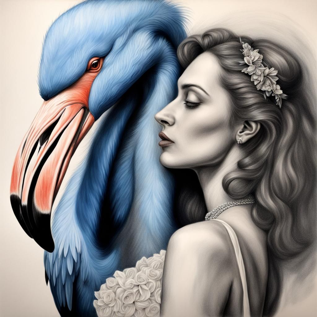 Blue Flamingo Marries a Woman: Charcoal Drawing