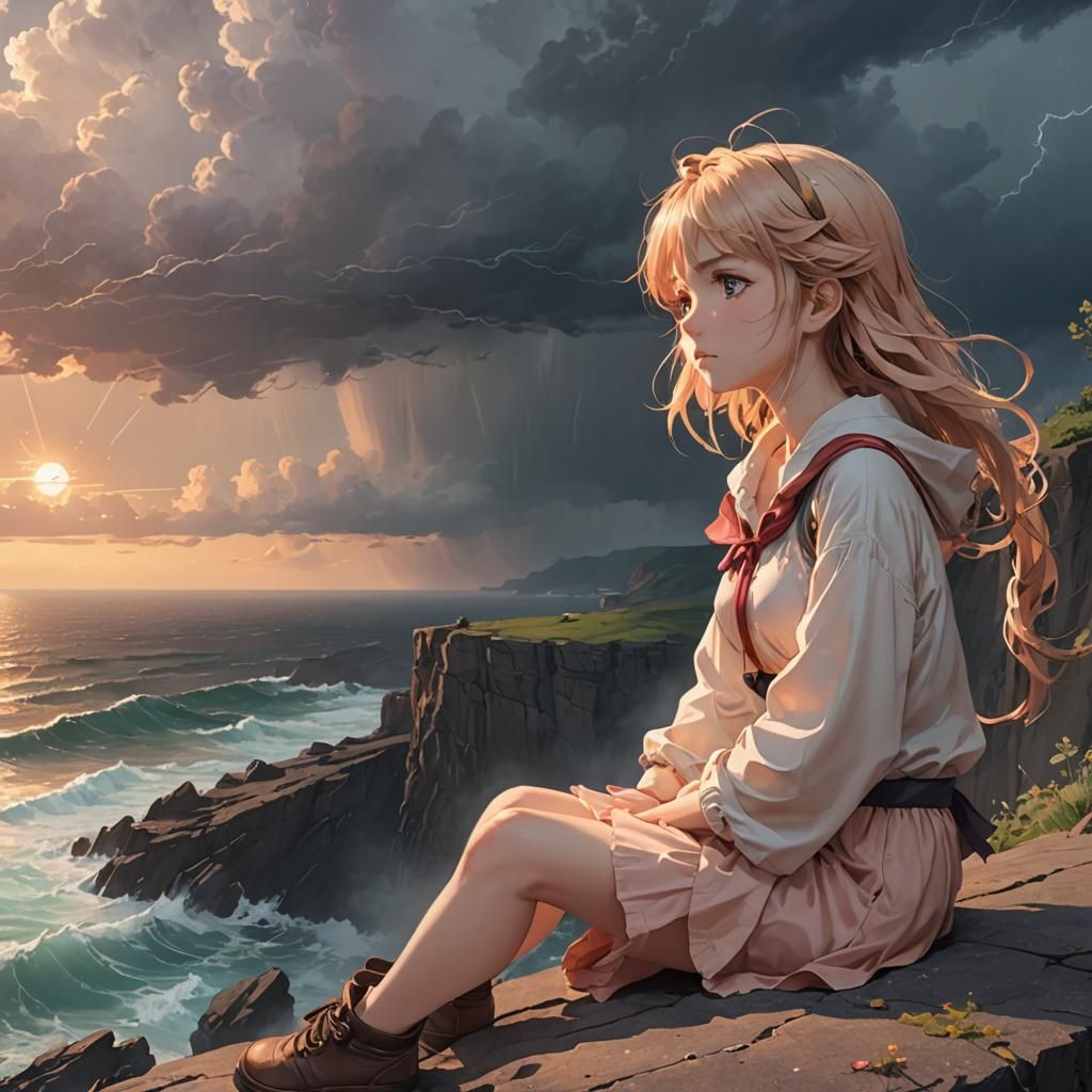 Lonely Anime Girl at Cliff Edge: Digital Painting