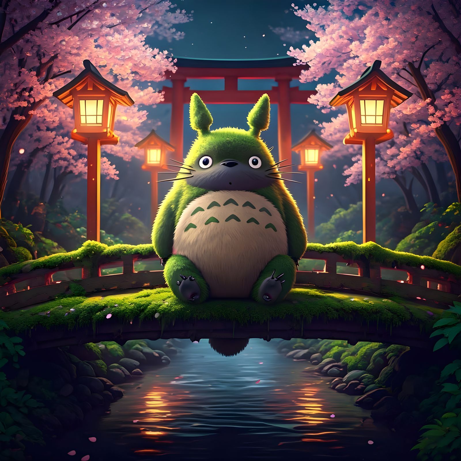 Totoro-Inspired Forest Spirit in Serene Cherry Blossom Lands...