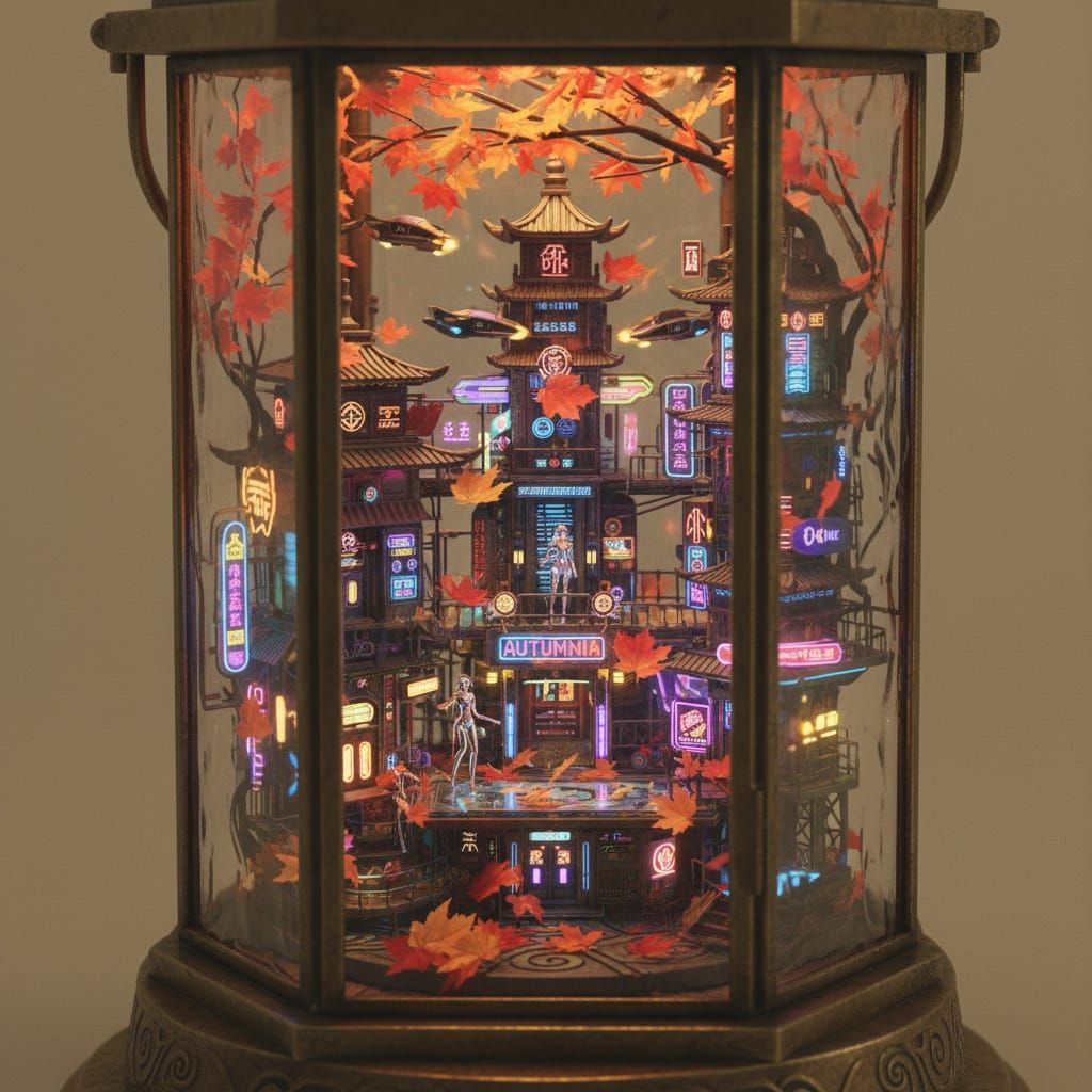 Miniature Cyberpunk City in Lantern with Androids
